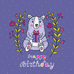 Happy birthday card with bear character and gift box