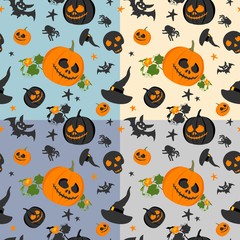 Halloween seamless pattern on colored background. Halloween accessories. Vector illustration.