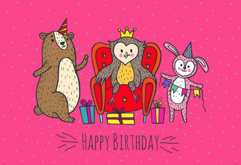 Happy birthday card with animal characters.