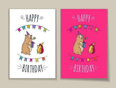 Happy birthday set of card with bear and hedgehog characters.