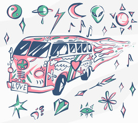 Love bus vector poster. Hippie car, mini van with different symbols. Retro colors. Psychedelic concept. Vector illustration for summer holiday, travel agency, beach vacation and party, stickers.