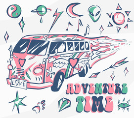 Adventure time vector poster. Hippie car, mini van with different symbols. Retro colors. Psychedelic concept. Vector illustration for summer holiday, travel agency, beach vacation and party.