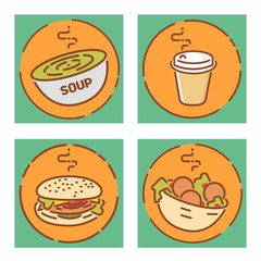 Fast food signs set, flat design. Soup, coffee, hamburger and falafel icons. Vector illustrations