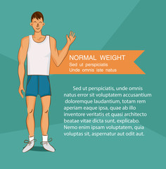 Fototapeta na wymiar Young man in white shirt with normal body build. Comic cartoon illustration. Healthy nutrition article layout. Vector character.