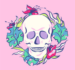 Colorful skull in floral wreath. Old School vector illustration.