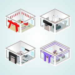Set of the isometric shops and other elements (Clothing, Jewelry, Shoes). Vector illustration.