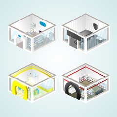 Set of the isometric shops and other elements (Clothing, Auto products, Auto shop). Vector illustration.