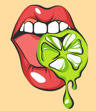 Sexy lips with juicy lime. Pop art mouth biting citrus. Close up view of cartoon girl eating fruit. Vector illustration