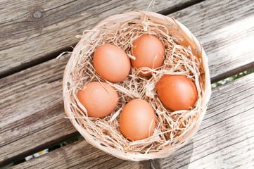 Fresh eggs on straw in a basket