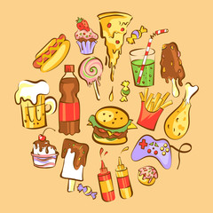 Set of fast food dishes. Junk food in circle composition. Vector illustration for diet and nutrition, weight loss, health and bad habits articles, banners, posters
