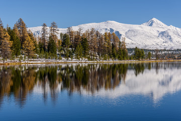 lake mountains reflection snow autumn