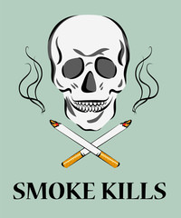 Smoke kills poster. Smoking harm concept. Skull with crossed cigarettes and fume. Vector illustration.