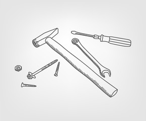 Doodle working tools. Under construction concept composition. Vector illustration