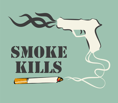 Smoke kills poster. Smoking harm concept. Pistol with fume. Vector illustration.