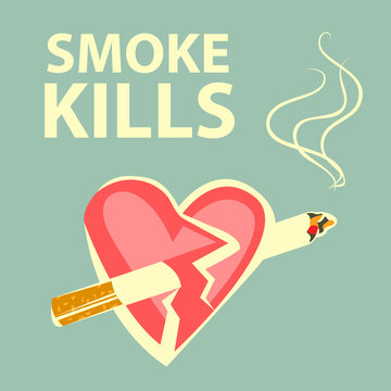 Smoke kills poster. Smoking harm concept. Cigarette pierces heart. Retro cartoon style. White contours. Vector illustration.