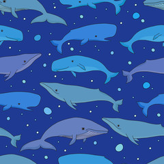 Obraz na płótnie Canvas Cartoon vector sea whale and sperm whale seamless pattern. Vecto