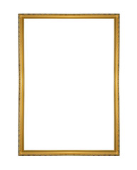 Gold wooden frame isolated on white background.