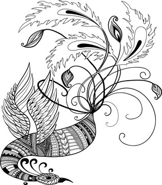 Oriental handdrawn vector phoenix in doodle style