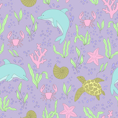 Obraz premium Vector seamless pattern. Hand-drawn doodle set of sea life
