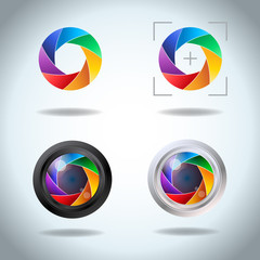 Colorful vector set of lens aperture. Diaphragm of a photo camera shutter spectrum logo icon set. Side exposed aperture blades. - 123135383