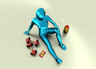 Top view of sporty young woman. 3D rendering. Mannequin of a metallic material and dumbbells. View from above.