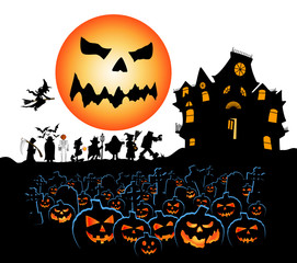 halloween walk with face moon pumpkins and cimetery