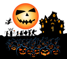 halloween walk with face moon pumpkins and cimetery