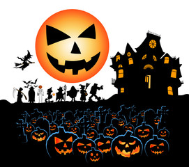 halloween walk with face moon pumpkins and cimetery