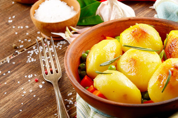Boiled and baked potato and vegetables