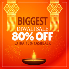 diwali sale offer with hanging lamps, diya and fireworks