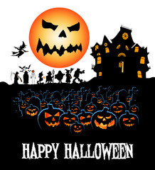 happy Halloween walk with face moon pumpkins and cemetery
