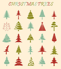 Christmas tree icon set. Flat design. Monochrome version