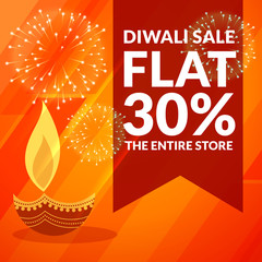 diwali season discount and sale banner with diya and fireworks