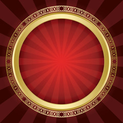 bright red background with gold ornamental frame and rays - vint