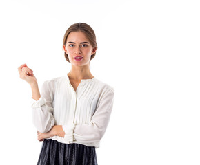 Woman wearing blouse and skirt