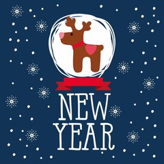 Fototapeta premium Christmas card with reindeer and snowflakes. Happy New Year and Merry Christmas vector card with funny Santa Claus Deer.
