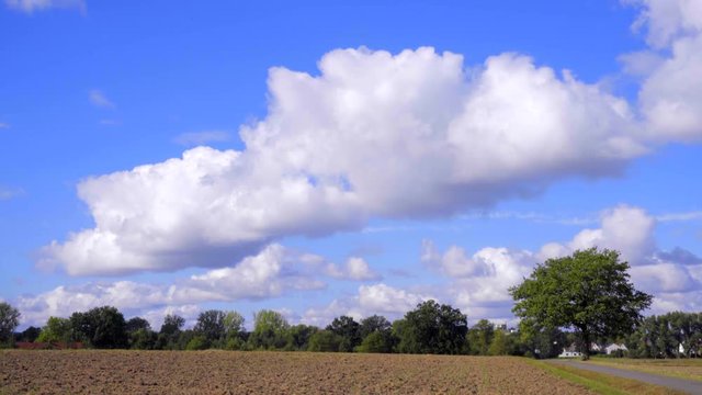 Weisse Wolken  mit blauen Himmel ziehen &uuml;ber acker Feld 