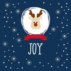 Fototapeta premium Christmas card with reindeer and snowflakes. Happy New Year and Merry Christmas vector card with funny Santa Claus Deer.