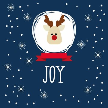 Christmas card with reindeer and snowflakes. Happy New Year and Merry Christmas vector card with funny Santa Claus Deer.