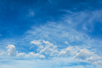 Blue sky with air white clouds. Beautiful heavenly background.