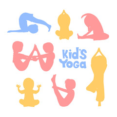 Cute kids silhouettes doing yoga exercises. Yoga kids set. Gymnastics for children and healthy lifestyle. Vector illustration.