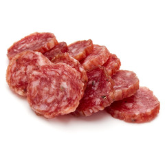 Salami smoked sausage slices isolated on white background cutout
