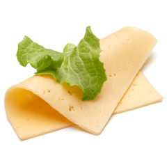 cheese sliceand salad leaves isolated on white background cutout