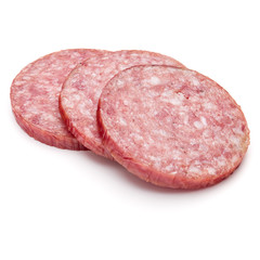 Salami smoked sausage three slices isolated on white background