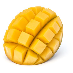 Sliced mango cubes isolated on white background