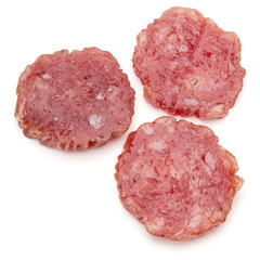 Salami smoked sausage slices isolated on white background cutout