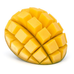 Sliced mango cubes isolated on white background