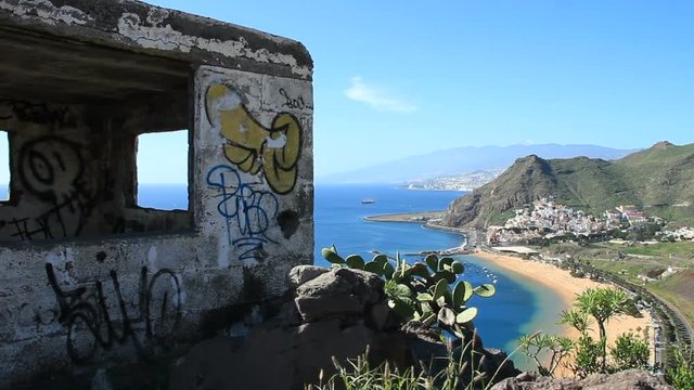 Tropical white sand beach Teresitas located in San Andres near Santa Cruz De Tenerife.Aerial view. Dolly shot.