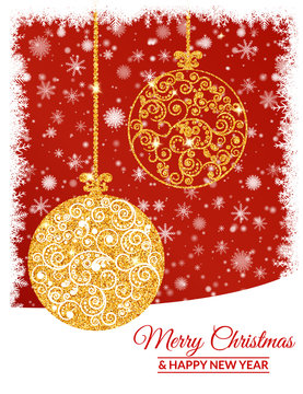 Vector illustration. Gold Christmas balls decorated with a delicate pattern on a background of falling snowflakes. Design for greeting cards, banners, posters.