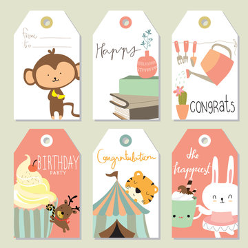 Light pink gold tag birthday with monkey,rabbit,book,tiger and c